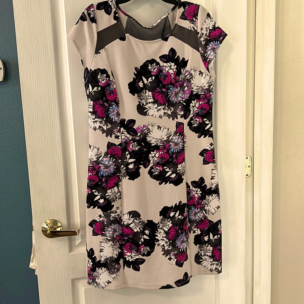 Stretchy Black, Pink, and White Dress with Mesh Details